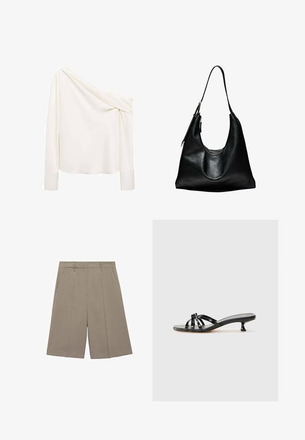 Off-shoulder, lang mouwtop in zacht witte stof. Heeft een gedrapeerd ontwerp en manchetten op de mouwen, een gladde textuur en een lichte glans.; Beige geplisseerde shorts met een rechte snit, voorzien van riemlussen en zijzakken. Gemaakt van gladde, lichte stof.; Zwarte gepatineerde leren slip-on sandalen met meerdere bandjes, een lage kittenheel en een gladde, vlakke zool. Heeft een geknoopte accent in het midden.; Zwarte leren hobo-tas met een gebogen silhouet, een enkele schouderband en een ritssluiting aan de bovenkant. Gladde textuur met minimale hardwareaccenten.