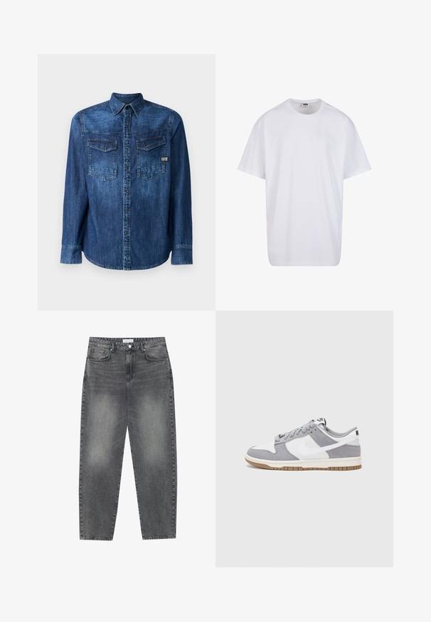 Denim srajca, temno modra, dolgi rokavi, zapenjanje s gumbi spredaj, dva žepa na prsih s pokrovom, blagovna znamka na spodnjem levem delu, klasičen ovratnik.; Bela bombažna majica s kratkimi rokavi, okroglim izrezom, sproščenim krojem in brez vidnih logotipov ali vzorcev. Gladka tekstura in minimalen dizajn.; Visoko pasovi, široke kavbojke iz obledelog črnega denima. Imajo pet žepov, zanke za pas in čisto, ravno obliko nog. ; Sive in bele teniske s suknim in usnjem zgornjim delom, zaobljenim nosom, ravnimi vezalkami in gumijastim podplatom z dodatkom gumijaste barve.
