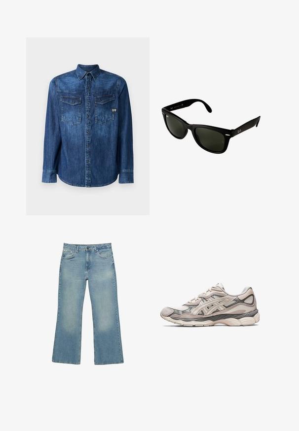 Camicia in denim, blu scuro, a maniche lunghe, con chiusura a bottoni davanti, due tasche sul petto con pattina, etichetta di marca in basso a sinistra, colletto standard.; Jeans ampi in denim blu chiaro con cinque tasche, chiusura con bottone e lieve sfumatura, caratterizzati da orlo grezzo e cuciture resistenti.; Scarpa atletica grigia chiara con una tomaia in rete e suede. Presenta una soletta ammortizzata, sovrapposizioni pronunciate e un design strutturato.; Occhiali da sole in plastica nera con lenti verde scuro. Il design della montatura quadrata presenta dettagli argentati e un logo in rilievo sulla tempia.