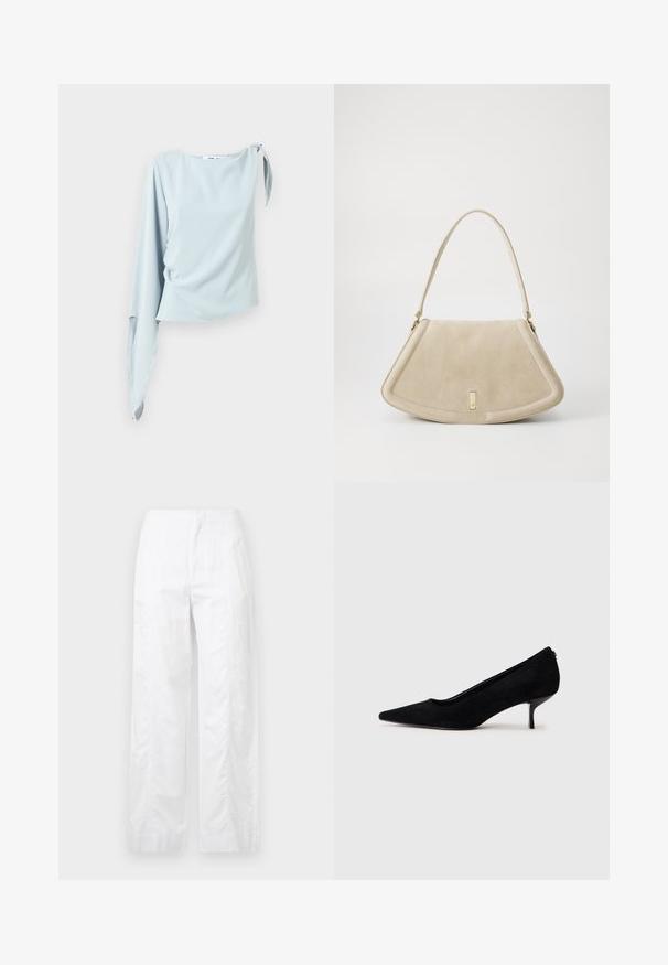 Light blue, one-shoulder top made of smooth fabric with a tied accent at the shoulder. Features long, flowing sleeves and a loose fit.; White wide-leg trousers made of lightweight fabric, featuring a smooth texture, clean lines, and a high waist design.; Black suede high heel shoe with a pointed toe and a slim, low heel. Smooth texture with a sleek design, featuring no visible hardware.; Beige suede handbag with a rounded triangular shape, a single strap, and a gold-tone hardware accent on the front.