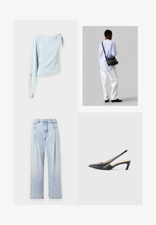 Lys blå, ensidig topp laget av glatt stoff med en knyttet detalj ved skulderen. Har lange, flytende ermer og løs passform.; Lyseblå denimjeans med høy livlinje, vide ben, to sidelommer og plisserte detaljer. Myk tekstur med en falmet finish.; Svart spiss tå slingback-sko med lav hæl, laget av jevnt skinnmateriale og med utskåret design på siden for pusteevne.; Svart lær skulderveske med en myk tekstur, trekantet form og justerbar stropp, kombinert med en lyseblå stripete skjorte og hvite bukser.