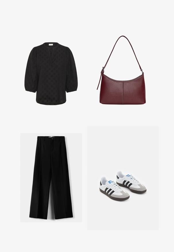 Kaffe Camicetta - black deep; Pantaloni neri a gamba larga realizzati in tessuto leggero, caratterizzati da una chiusura frontale con bottone e frontale piatto, con orli cuciti con precisione.; Scarpe sportive con tomaia in pelle bianca, punta in suede grigia e tre strisce nere. Presentano un logo blu sulla linguetta e una suola in gomma testurizzata.; Borsa a tracolla in pelle bordeaux con forma curvata, una sola tracolla e dettagli cuciti al centro. Texture liscia, hardware minimale.