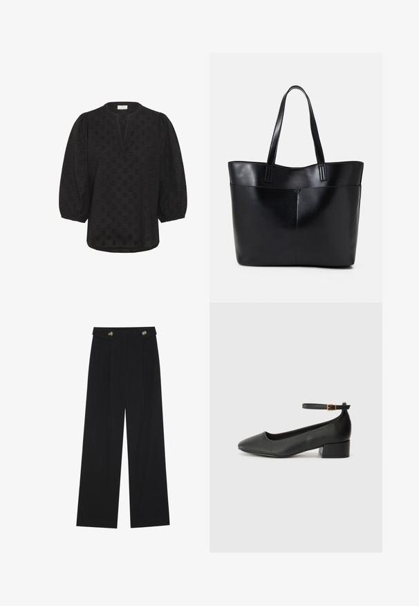 Kaffe Bluză - black deep; Pantaloni negri cu picioare largi, talie înaltă, detalii cu butoane pe talie și pliseuri în față.; Pantof cu toc negru din piele, cu vârf ascuțit și toc mic pătrat. Dispune de o curea la gleznă cu o cataramă în tonuri de aur. Textură netedă.; Geantă oversized din piele neagră, cu două mânere lungi, de textură netedă și formă structurată. Are un buzunar frontal pentru stocare suplimentară.