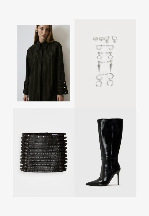 Black pinstripe shirt, structured collar, long sleeves, buttoned cuffs with three buttons, smooth fabric. Clean, tailored design.; Black leather mini skirt with horizontal strap detailing and silver studs along the top edge and vertical sides.; Black leather knee-high boots with a pointed toe and high stiletto heel. Smooth texture and sleek design, featuring minimal detailing.; Set of silver earrings featuring various designs: hoops, studs, and dangling styles, with ball accents and pointed elements.