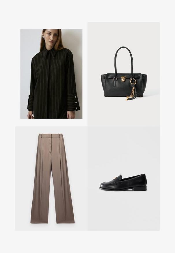 Crna košulja s prugama, strukturirani ovratnik, dugi rukavi, manžete s tri dugmeta, glatka tkanina. Čist, krojeni dizajn.; Bijela skraćena majica od pamuka, sa kratkim rukavima i logotipom "MICHAEL KORS" u istom vezenom tekstu preko prednje strane.; Hlače širokog kroja u prigušenoj taupe boji, izrađene od glatkog materijala s satenskim završetkom. Imaju krojeni pojas i suptilne nabore.; Crne kožne mokasine s niskom petom i zlatnim dekorativnim emblemom na remenu, prikazane na jednostavnoj svijetlosivoj pozadini.; Crna kožna torba s dvostrukim ručkama, zlatnom bravicom i lancem kao detaljem, te crno-bijelim resicom kao dodatkom, sve na bijeloj pozadini.