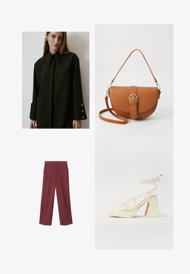 Čierna pruhovaná košeľa, štruktúrovaný golier, dlhé rukávy, zapínanie na gombíky so tromi gombíkmi, hladká tkanina. Čistý, prispôsobený dizajn.; Bordové nohavice s širokými nohavicami a hladkým povrchom, s bočnými vreckami a vysokým pásom. Ušité s čistým predným záhybom.; Biele sandále na vysokom opätku s hrubým podpätkom, s pruhovaným dizajnom a viazaním na členku. Hladký povrch s platformou vpredu pre zvýšenú výšku.; Hnedá kožená kabelka cez telo s zakriveným tvarom, zlatými kovovými doplnkami a akcentom s prackou. Obsahuje odnímateľný ramenný popruh.