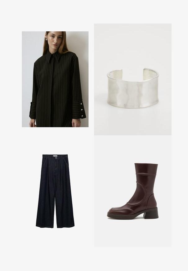 Black pinstripe shirt, structured collar, long sleeves, buttoned cuffs with three buttons, smooth fabric. Clean, tailored design.; Dark denim wide-leg trousers with a high waist, featuring a front button closure, two side pockets, and stitching details.; MIISTA MALENE - Classic ankle boots - brown; Zign Bracelet - silver-coloured