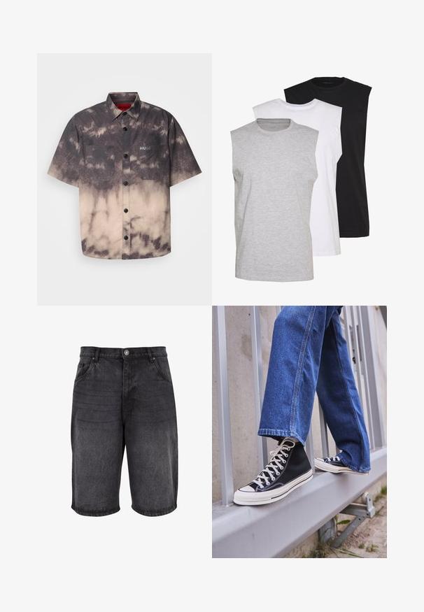 HUGO ERATINO - Cămașă - medium brown; Trei tricouri fără mâneci, în culorile gri, alb și negru. Material moale din bumbac, cu guler rotund și croi lejer. Design simplu, fără modele.; Șorturi negre din denim, cu un croi relaxat, design cu cinci buzunare și închidere cu buton. Materialul are o textură netedă, cu o decolorare subtilă.; Tenisi negri tip gheată cu talpă și șireturi albe, asortați cu blugi albaștri largi, sprijiniți pe un balustradă gri.