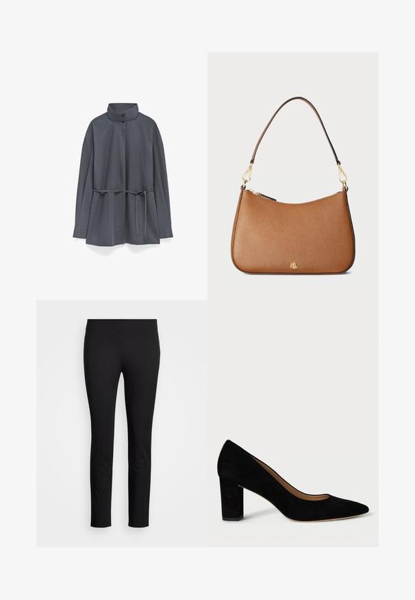 Dunkelgraue Langarmjacke mit hochstehendem Kragen, zwei Knöpfen und einem Gürtel in der Taille, auf einem weißen Hintergrund präsentiert.; Weißes, tailliertes T-Shirt mit einem Bootsausschnitt und halblangen Ärmeln, die an den Bündchen aufgerollt sind, aus einem glatten Stoff gefertigt.; Schwarze Leggings aus einem dehnbaren Material, mit einem schmalen Schnitt und glatter Textur, ohne sichtbare Muster oder Akzente.; Schwarzer Wildleder-High-Heel-Schuh mit spitzer Zehe und Blockabsatz. Das Design zeichnet sich durch eine glatte Textur und eine klassische Silhouette aus.; Braune, strukturierte Lederhandtasche mit geschwungener Form, goldfarbenen Beschlägen und einem einzelnen Schulterriemen. Verfügt über einen Reißverschluss und ein Logo-Detail.; Goldfarbene Ohrstecker mit Knoten in gedrehter Ausführung. Jeder Ohrstecker verfügt über eine runde, transparente Rückseite für sicheren Halt.