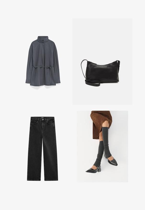 Dark gray long-sleeve jacket with high collar, two buttons, and a tie belt at the waist, displayed on a white background.; Wide-leg black denim jeans with a subtle vertical stripe pattern, featuring five-pocket design and a classic button closure at the waist.; Black patent leather pointed-toe shoes with a block heel and ankle strap, paired with gray ribbed leg warmers and a brown suede skirt.; Black leather shoulder bag with a smooth texture, curved shape, adjustable strap, and a zip closure. Minimalist design without embellishments.