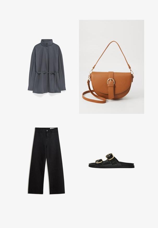 Dark gray long-sleeve jacket with high collar, two buttons, and a tie belt at the waist, displayed on a white background.; Black wide-leg denim pants with a high waist, featuring front and back pockets, stitched seams, and a button closure. Smooth texture.; Black slide sandal with two gold buckle accents, smooth textured material, flat sole, and a minimalist design.; Brown leather crossbody bag with a curved shape, gold hardware, and a buckle accent. Features a detachable shoulder strap.