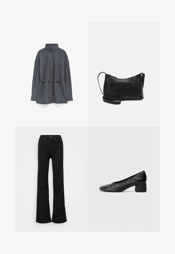Donkergrijze langemouwenjas met hoge kraag, twee knopen en een strikceintuur in de taille, weergegeven op een witte achtergrond.; Zwarte wijde jeans gemaakt van denim, met een hoge taille, vijf zakken en een metalen knoopsluiting. Gladde textuur met minimale detailing.; Zwarte leren pump met een ronde neus en een middenblokhak. Glad textuur met minimale details, voorzien van een subtiele elastische opening.; Zwarte leren schoudertas met een gladde textuur, gebogen vorm, verstelbare schouderband en een ritsafsluiting. Minimalistisch ontwerp zonder versieringen.