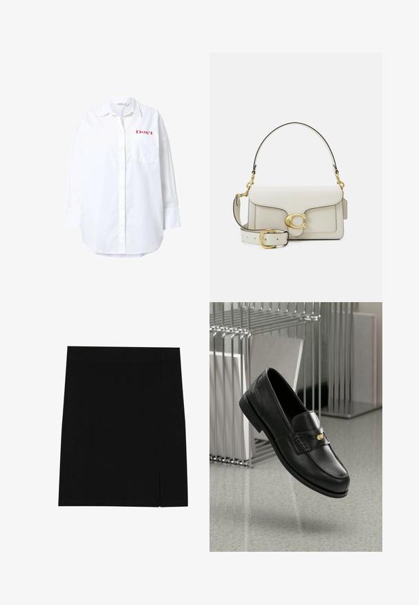 Witte lange mouwen shirt van katoen, met een knoopsluiting, een borstzak en rode tekst "Don't" geborduurd op de bovenste linkerkant.; Zwarte mini rok gemaakt van zachte stof met een aansluitend ontwerp, met een lichte inkeping aan de zijkant voor extra detail.; Zwarte leren loafers met een gladde afwerking, voorzien van een decoratieve band en een kleine gouden accenten. De zool is plat met een ronde neus.; Witte leren handtas met gouden beslag, voorzien van een flapsluiting en een afneembare, verstelbare band. Ronde metalen accenten in het midden.