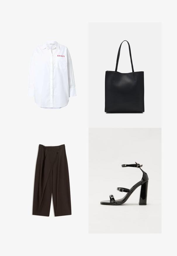 Weißes Langarmhemd aus Baumwolle mit Knopfleiste, einer Brusttasche und rotem Text "Don't" auf der oberen linken Seite gestickt.; Dunkelbraune, weite Hosen mit hohem Bund, die über einen einzigen Knopfverschluss und eine gefaltete Vorderseite verfügen. Hergestellt aus leichtem Stoff.; Schwarze patentierte Sandalen mit Absatz, quadratischer Spitze, Knöchelriemen und silbernen Schnallen. Mit einem stabilen Blockabsatz für mehr Stabilität.; Schwarze Laptoptasche aus Leder mit glatter Textur, rechteckiger Form und zwei langen Griffen. Keine sichtbaren Beschläge oder Verzierungen.