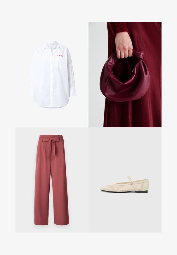 Camisa blanca de manga larga hecha de algodón, con un diseño de botones, un bolsillo en el pecho y el texto rojo "Don't" bordado en la parte superior izquierda.; Pantalones de pierna ancha en un color rosa empolvado, hechos de una tela suave, con un cinturón atado en la cintura y bolsillos laterales.; Bailarinas de color beige con punta afilada, un diseño de malla superpuesto y una correa con hebilla lateral. Suela plana con una textura suave.; Bolso de cuero burdeos con un diseño suave y recogido y una forma redondeada. La asa está asegurada, mostrando una textura lisa.