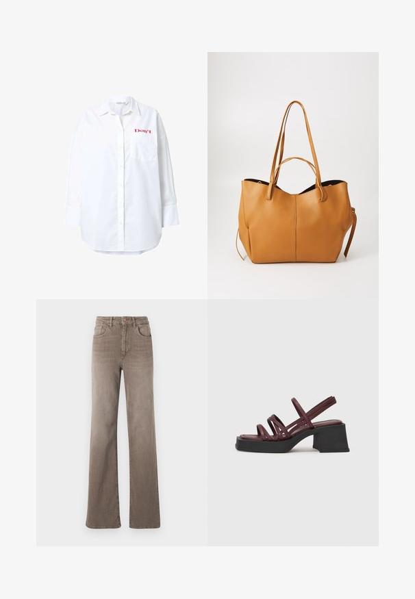 Weißes Langarmhemd aus Baumwolle mit Knopfleiste, einer Brusttasche und rotem Text "Don't" auf der oberen linken Seite gestickt.; Braune hoch taillierte Straight-Leg-Jeans mit vorderem Knopf, Gürtelschlaufen und klassischem Fünf-Taschen-Design auf weißem Hintergrund.; Vagabond HENNIE - Pantolette hoch - cherry; Tote-Bag aus braunem Leder mit strukturiertem Finish, weitem Öffnungsbereich und zwei langen Griffen. Merkmale ein schlichtes Design und minimalen Hardware-Einsatz.