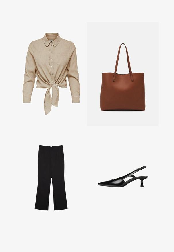 Camicia a righe marrone e crema con chiusura a bottone, un nodo nella parte anteriore, colletto e maniche lunghe. Presenta una tasca sul petto e bottoni metallici.; Pantaloni neri a gamba dritta, con tasche frontali e spacchi laterali all'orlo. Realizzati in tessuto morbido e liscio. Adatti a diverse occasioni.; Tacchi slingback in pelle verniciata nera con punta affusolata, design con tagli laterali e tacco quadrato piccolo. Texture liscia con dettagli minimi.; Borsa tote in pelle marrone con texture liscia, design con apertura superiore e due spallacci. Presenta cuciture minime e nessun hardware visibile.