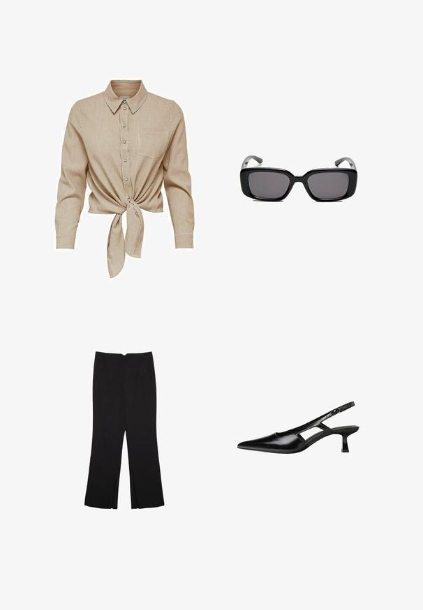 Camicia a righe marrone e crema con chiusura a bottone, un nodo nella parte anteriore, colletto e maniche lunghe. Presenta una tasca sul petto e bottoni metallici.; Pantaloni neri a gamba dritta, con tasche frontali e spacchi laterali all'orlo. Realizzati in tessuto morbido e liscio. Adatti a diverse occasioni.; Tacchi slingback in pelle verniciata nera con punta affusolata, design con tagli laterali e tacco quadrato piccolo. Texture liscia con dettagli minimi.; Occhiali da sole neri rettangolari con lenti scure, montatura in plastica liscia e tempie curve. Il design è voluminoso con un'estetica minimalista.