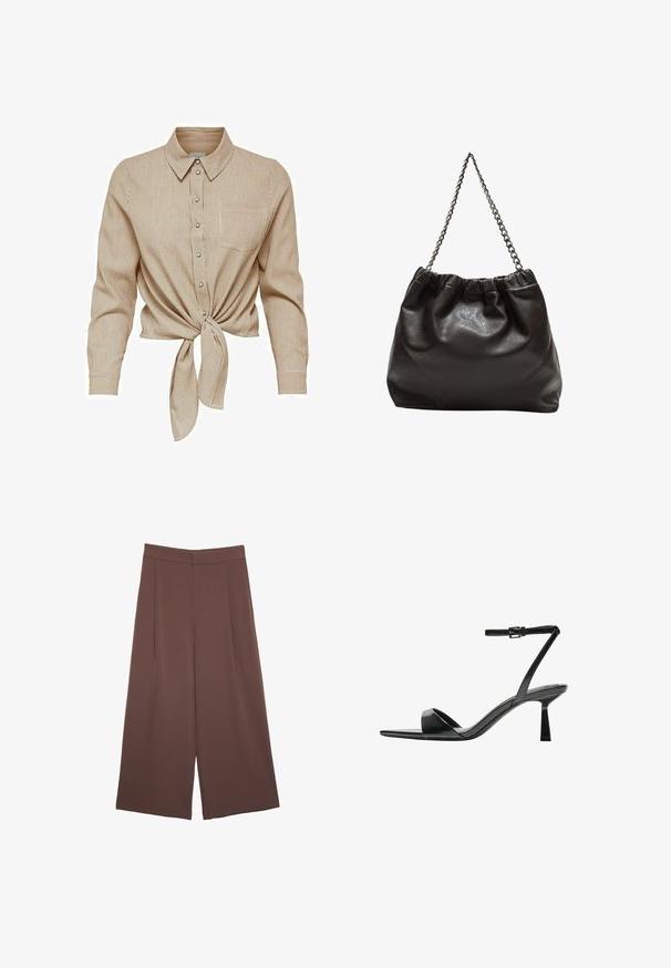 Braun und creme gestreifte Hemd mit Knopfleiste, einer Krawattenfront, einem Kragen und langen Ärmeln. Verfügt über eine Brusttasche und metallische Knöpfe.; Braune Weite-Leg-Hosen mit einer glatten Textur, hoher Taille und Vorderfalten. Der Stoff ist leicht und fällt locker.; Bershka High Heel Sandalette - black; Braune Lederhandtasche mit gerafftem Oberteil und Kettenriemen. Glatte Textur mit glänzendem Finish und subtilen Nahtdetails an den Seiten.