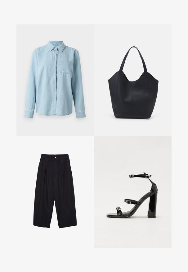 Light blue denim shirt with long sleeves, button front, and a chest pocket. Features white floral embroidery across the fabric.; Black polyester culotte pants with an elastic waistband, two front pleats, and a loose silhouette. No visible patterns or hardware details.; Black patent heeled sandals with a square toe, ankle straps, and silver buckles. Features a chunky block heel for stability.; Black tote bag made of smooth leather, featuring a curved, open top with two shoulder straps and a minimalist design.