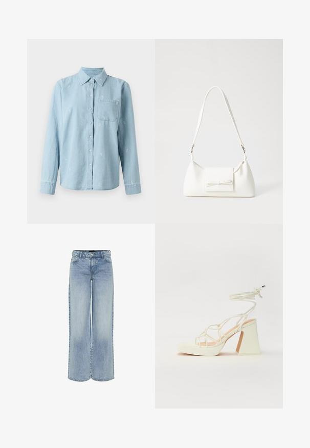 Gaiši zils džinsa krekls ar garām piedurknēm, ar pogu aizdari un krūšu kabatu. Tiek rotāts ar baltu ziedu izšuvumu visā audumā.; Gai zili džinsi ar plašām kājām un augstu jostasvietu, pieci kabatas un smalka izbalēšana. Iekļauti jostas cilpas un rāvējslēdzēja aizdare.; Baltas augstpapēžu sandales ar masīvu papēdi, ar siksnu dizainu un potītes saistītiem elementiem. Gluda tekstūra ar platformu priekšpusē, lai nodrošinātu papildu augstumu.; Balta sintētiska soma ar trīsstūrveida formu, plakanu priekšējo vāciņu un loku detaļu, regulējamu siksnu, gludu tekstūru un minimālistisku dizainu.