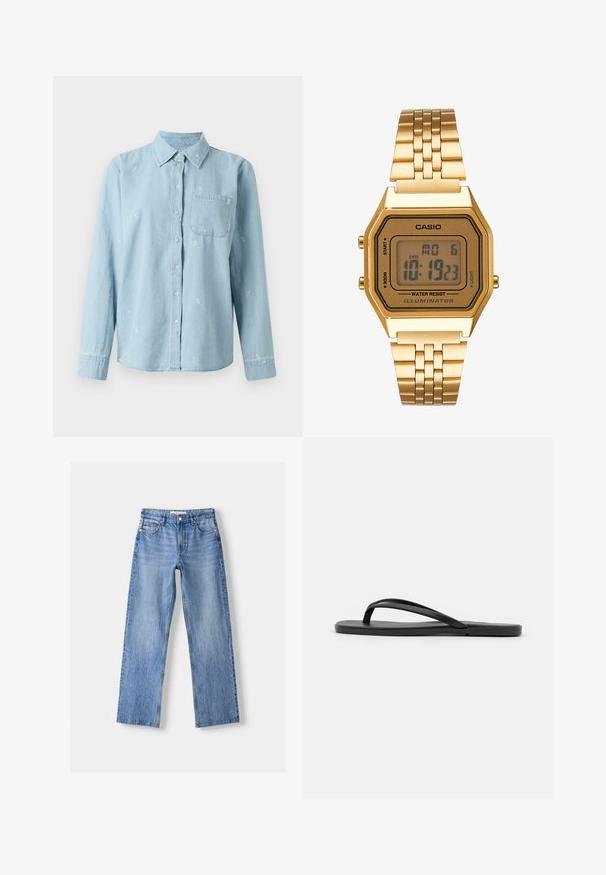 Jasnoniebieska koszula denimowa z długimi rękawami, zapinana na guziki, z kieszenią na piersi. Posiada białe hafty kwiatowe na całej powierzchni.; Jasnoniebieskie dżinsy o prostym kroju, z pięcioma kieszeniami, z przodem zapinanym na guzik oraz delikatnym przetarciem dla dodania tekstury.; Czarne klapki o minimalistycznym designie z płaską podeszwą, wąskimi paskami i gładką fakturą. Brak dodatkowych wzorów lub akcentów.; Złoty zegarek cyfrowy z prostokątną tarczą, wyświetlaczem LCD, stalową bransoletą i przyciskami po bokach. Posiada oznaczenie wodoodporności.