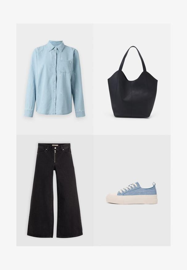 Camicia in denim azzurro chiaro con maniche lunghe, chiusura con bottoni e taschino sul petto. Presenta ricami floreali bianchi su tutta la superficie.; Jeans a gamba larga in denim nero con chiusura a zip, design a cinque tasche e dettagli di cucitura sottili. Texture morbida e stile casual.; Sneakers di tela blu chiaro con punta e suola in gomma crema, dotati di lacci bianchi e un cinturino sul tallone.; Borsa tote nera realizzata in pelle liscia, con una parte superiore curva e aperta, dotata di due manici per spalla e un design minimalista.