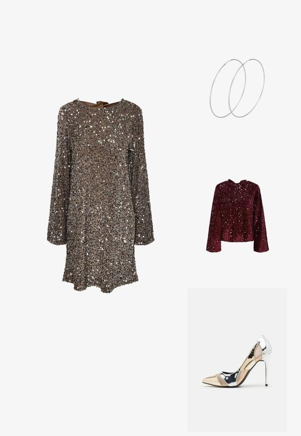 Burgunderfarbene Paillettenbluse mit langen Ärmeln, rundem Halsausschnitt und einer satinartigen Schleife am Rücken. Glänzende Textur mit durchgehenden Pailletten.; Langärmliges Kleid aus braunem Stoff, der mit silbernen Pailletten besetzt ist, mit einem runden Ausschnitt und einer Schleifenapplikation am Rücken. Reflektierende und strukturierte Oberfläche.; Spitz zulaufender High-Heel-Schuh in einer Farbgestaltung aus Silber, Gold und Nude. Glänzende Oberfläche mit Ausschnittdesign und stiletto Absatz.; Silberne metallic Pouch-Tasche mit einer sanften, abgerundeten Form und einem geknoteten Verschluss oben. Hergestellt aus glattem Kunstleder.; Silberne Creolen mit minimalistischem Design. Rundform, glatte Oberfläche und dünnes Profil. Leichtgewichtig mit hochglänzender Oberfläche.