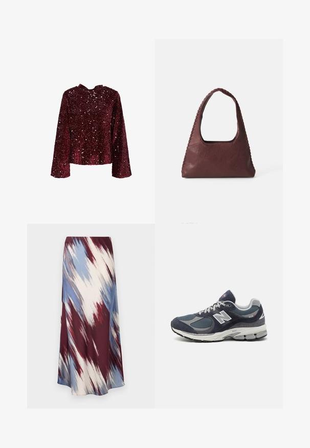 Burgundské lesklé tričko s dlouhými rukávy, kulatým výstřihem a saténovou mašlí na zadní straně. Lesklá textura pokrytá flitry po celém povrchu.; Dlouhá sukně s diagonálním tie-dye vzorem v burgundské, modré a krémové barvě, vyrobená z měkké tkaniny s volným silhouette a mírným leskem.; Tenisky New Balance s horní částí ze síťoviny a semíš, navy barvy, šedé akcenty, bílé logo, polstrovanou podrážkou a texturovanými detaily.; Burgundská kožená kabelka trojúhelníkového tvaru, s otevřeným topem a tkaným detailem podél rukojeti. Hladký povrch s matným finišem.