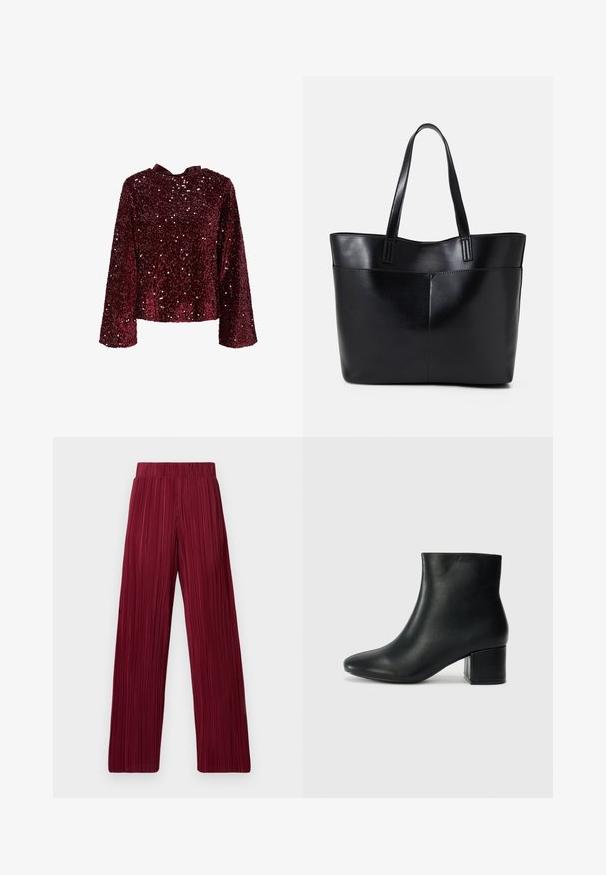 Bordeaux sequin top met lange mouwen, ronde halslijn en een satijnen strikdetail op de rug. Glanzende textuur met overal pailletten.; Bordeaux kleurige plooibroek met wijd gesneden pijpen en een elastische tailleband. De stoffen zijn textuur met verticale strepen. Rechte snit tot aan de zoom.; Zwarte leren enkellaarzen met een spitse neus en een chunky hak. Gladde textuur met minimale accenten en een slank, strakk ontwerp.; Zwarte leren tote bag met twee lange handvatten, een zachte textuur en een gestructureerde vorm. Voorzien van een voorvak voor extra opslagruimte.