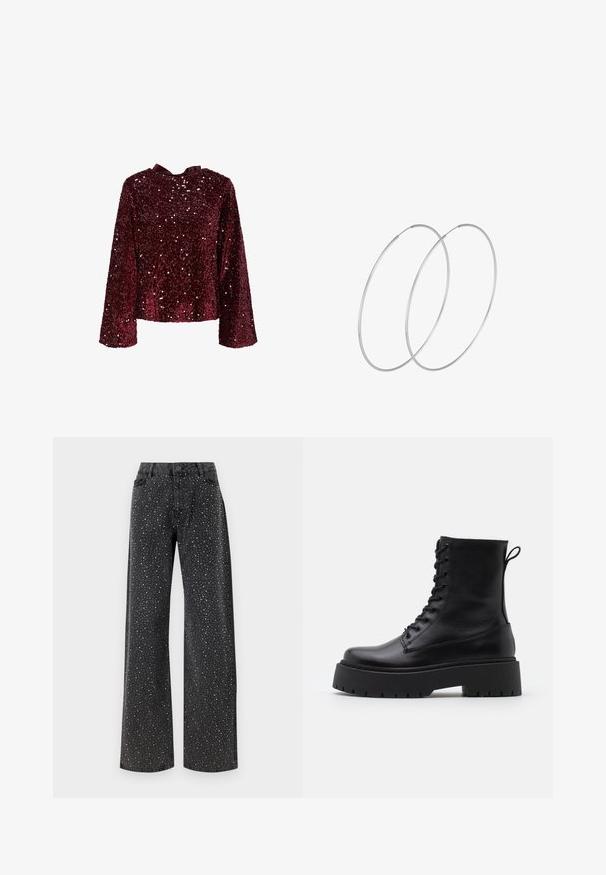 Top burdeos de lentejuelas con mangas largas, escote redondo y un detalle de lazo satinado en la parte posterior. Textura brillante con lentejuelas por toda la prenda.; Noisy May NMJANNEL LOOSE - Vaqueros boyfriend - black denim; Botas de cuero negras hasta el tobillo con punta redonda, cordones en la parte delantera y una suela de goma gruesa con un dibujo texturizado. Tirador en la parte trasera.; Pendientes de aro plateados con un diseño minimalista. Forma circular, textura suave y perfil delgado. Livianos con un acabado pulido.