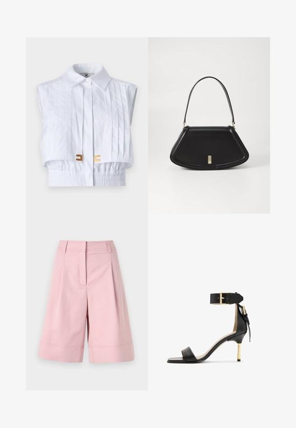 White cropped shirt with a pointed collar, pleated front, elastic waistband, and gold hardware accents. Smooth texture, sleeveless design.; Light pink shorts made of cotton blend material, featuring a high waistband, pleats, and a hemmed bottom with visible stitching details.; Black leather heeled sandal with a square toe, ankle strap featuring a gold buckle, and a slender metallic heel. Smooth texture, minimalist design.; Black leather handbag with a geometric design, flat base, and a short shoulder strap. Features a small gold-tone hardware detail.