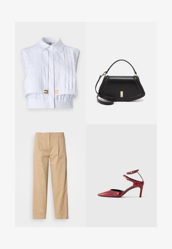 Biała krótka koszula z wyrazistym kołnierzykiem, plisowanym przodem, elastycznym paskiem w talii i złotymi akcentami. Gładka tekstura, bezrękawnik.; Beżowe bawełniane spodnie o luźnym kroju, z dwoma fałdami z przodu, prostą nogawką oraz klasycznym zapięciem na guzik w talii.; Błyszczący, czerwony but na wysokim obcasie z ostrym noskiem, z dwoma paskami na kostkach i złotymi klamrami, przedstawiony w profilu na jednolitym białym tle.; Czarna skórzana torebka o strukturalnym designie, z przyciętą formą, górnym uchwytem i złotymi akcentami. W zestawie regulowany pasek na ramię.