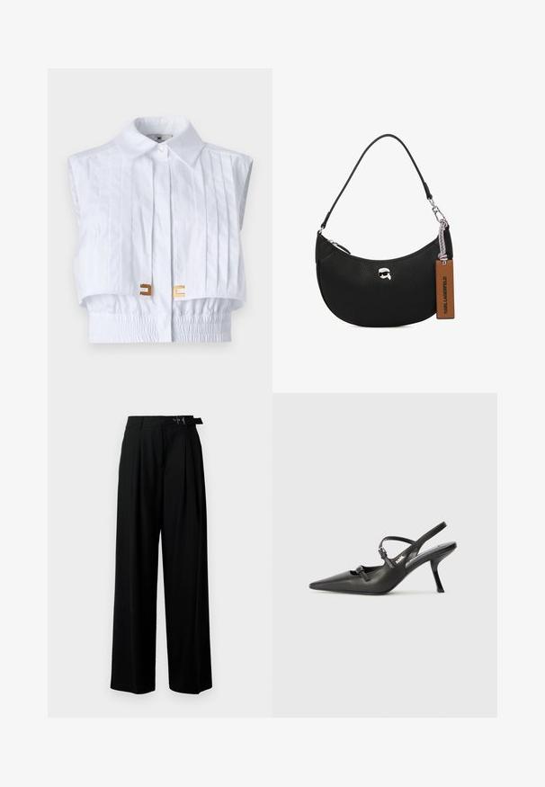 Hvit kort skjorte med spiss krage, plisserte detaljer foran, elastisk midje og gull hardware aksenter. Glatt tekstur, ermeløs design.; Svarte vide bukser med høy livlinje, folder foran og belte med spenne. Laget av glatt, lett materiale.; Sorte skinn slingback-hæler med spiss tå, slank hæl og dekorativ spenne detalj på vampsiden. Glatt tekstur og stilrent design.; Svart skinnveske med pebble-tekstur, buet form, glidelås på toppen, sølvfarget hardware og en brun etikett. Inkluderer logo-akkenter.