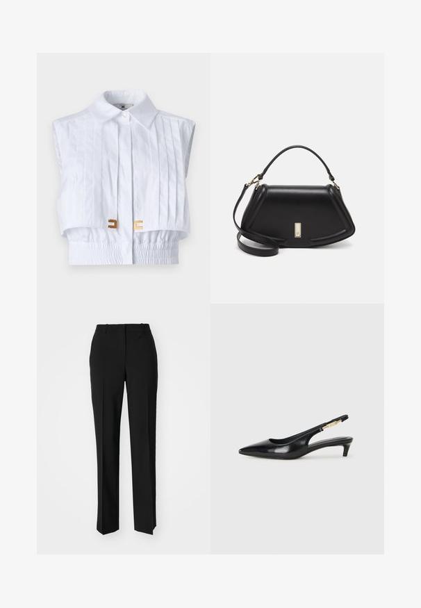 Λευκό κοντό πουκάμισο με αιχμηρό γιακά, πτυχωτό μπροστινό μέρος, ελαστική μέση και χρυσές λεπτομέρειες. Απαλή υφή, χωρίς μανίκια.; Μαύρο παντελόνι με ραφή που έχει σχεδιασμό ίσιας γραμμής, διαθέτει λεία υφή και καθαρές πτυχώσεις κατά μήκος της μπροστινής πλευράς. Χωρίς ορατό μεταλλικό υλικό.; Μαύρες δερμάτινες γόβες slingback με μυτερή μύτη, διαθέτοντας λεπτό τακούνι και χρυσή λεπτομέρεια στην ρυθμιζόμενη λωρίδα. Λείος υφές.; Μαύρη δερμάτινη τσάντα με δομημένο σχέδιο, που διαθέτει κομμένο σχήμα, επάνω λαβή και χρυσά μεταλλικά στοιχεία. Περιλαμβάνει ρυθμιζόμενο λουρί ώμου.
