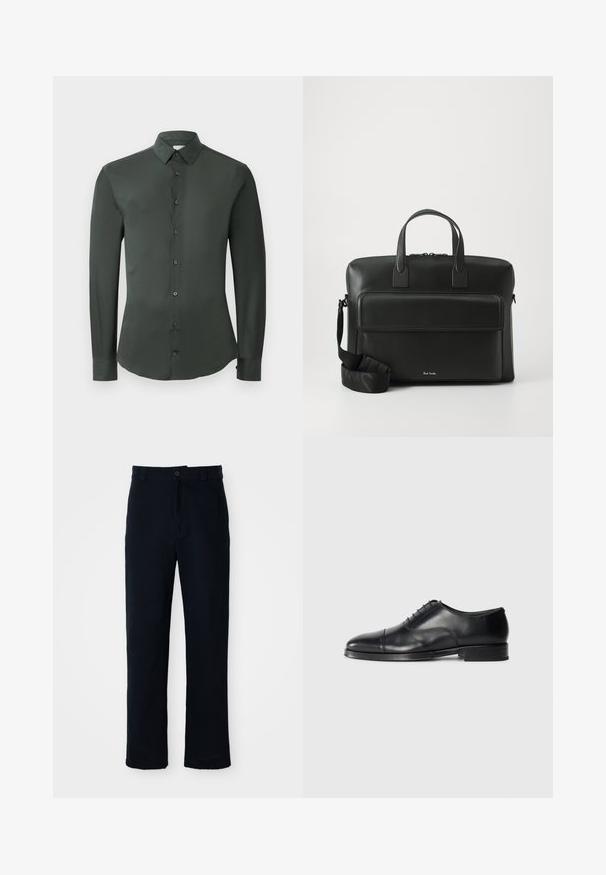 Tmavozelená košeľa s dlhým rukávom a klasickým golierom, predným zapínaním na gombíky a hladkou textúrou látky. Obsahuje gombíkové manžety a priliehavý strih.; Námornícke modré nohavice vyrobené z bavlny, so strihom rovného nohavice, predným zapínaním na gombík a klasickým pásom s pútkami na opasok.; Čierne kožené formálne topánky s zaoblenou špičkou, hladkým povrchom, šnurovacími detailmi a jemným švom, s nízkym, plochým podpätkom.; Čierna kožená aktovka s dvoma hornými rúčkami, predným vreckom a odnímateľným popruhom, s diskrétnym logom na spodnej časti.