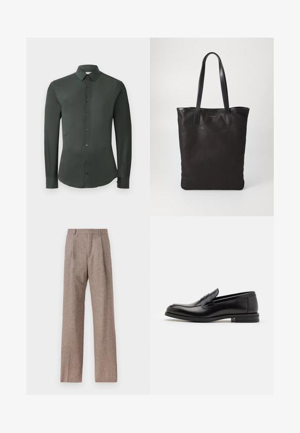 Tamsiai žalia ilgomis rankovėmis palaidinė su klasikiniu apykakle, priekyje užsegama mygtukais bei lygaus audinio tekstūra. Yra mygtukais užsegami rankogaliai ir pritaikytas siluetas.; Rudos, aukšto liemens kelnes, pagamintas iš tekstūruotos medžiagos. Plati kojos, dvi priekinės klostės struktūrai. Tvarkingas apdailos darbai, be matomų detalių.; Juodos odinės loafers, turinčios lygų paviršių, apvalią noselę ir dekoratyvinę juostą per priekinę dalį. Žemas krentantis kulnas, minimalistinis dizainas.; Juodas drobės pirkinių maišelis su juodais odiniais rankenomis. Paprastas dizainas, erdvus kūnas ir lygus paviršius. Nėra matomų logotipų ar raštų.