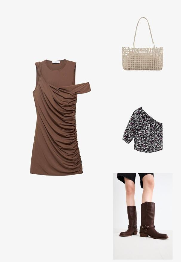 Off-the-shoulder top i let stof. Sort og hvid zebra-mønster med pink detaljer. Har trekvartærmer og en afslappet pasform.; Brun ærmeløs kjole lavet af blødt stof med draperet detaljer og asymmetrisk udskæring på den ene skulder. Har sideindsamling.; Brune læder knæhøje støvler med rund tå, struktureret overflade, ankelrem og sølvhardware detaljer; stablet hæl.; Vævet kurv taske i lys beige farve, rektangulær form og blød indersæk; har to lange håndtag til bæring.