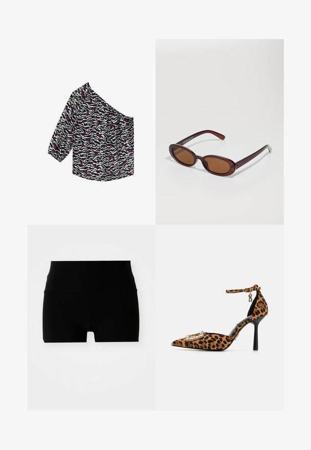 Off-the-shoulder top i let stof. Sort og hvid zebra-mønster med pink detaljer. Har trekvartærmer og en afslappet pasform.; Sorte shorts med høj talje, fremstillet af et glat, strækbart materiale og et simpelt, tætsiddende design. Ingen synlige mønstre eller hardware.; Sko med leopardprint i højhælet design, spidse tæer, velourtekstur, ankelrem og spænde med krystalaccenter. Sorte stilettohæle.; Runde, bruntonede solbriller med en glansfuld bordeauxramme. Slanke arme med diskret brandingdetalje. Flad linsedesign.