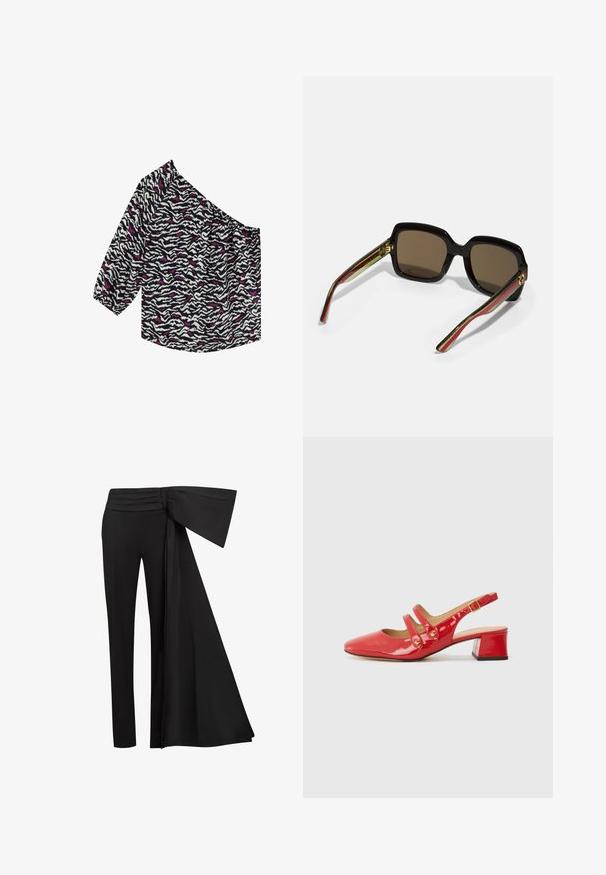 Top cu umeri goi dintr-o țesătură ușoară. Model zebrat în alb și negru cu accente roz. Are mâneci trei sferturi și un croi lejer.; Pantaloni negri cu un detaliu lat de panglică înfășurată la talie. Material neted, croială dreaptă și brâu plisat.; Pantofii slingback din piele roșie patentată, cu vârful ascuțit, design cu două curele și accente circulare, și toc mic, de tip bloc.; Ochelari de soare supradimensionați negri cu lentile maro. Dispun de brațe unice cu dungi în verde și roșu, precum și accente din metal aurie. Formă pătrată.; Geantă cu dungi alb-negru, cu o formă structurată, având un mâner superior, o curea din lanț detașabilă și un accent metalic cu logo.