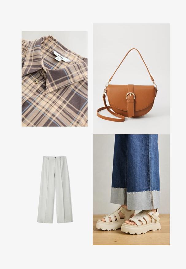 Checked beige shirt featuring brown and blue plaid patterns, collar, and button closure. Made of soft fabric with a smooth texture.; Light gray short-sleeve T-shirt with a V-neckline, made from soft material; features a relaxed fit and clean stitching with no patterns.; Light gray wide-leg trousers made of a textured fabric, featuring a button closure and two pleats at the front for added detail.; Beige platform sandals with thick soles feature a strappy design and adjustable ankle straps. Worn with wide-leg denim pants, one hem is frayed.; Brown leather crossbody bag with a curved shape, gold hardware, and a buckle accent. Features a detachable shoulder strap.