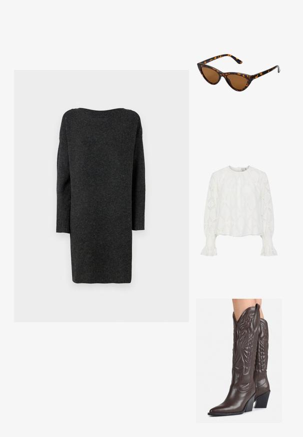 Blusa bianca con motivo a diamante testurizzato e maniche a sbuffo con polsini arricciati. Collo rotondo; tessuto leggero e traspirante.; Abito maglione lungo di un grigio scuro, realizzato in un materiale morbido e testurizzato. Presenta un ampio scollo e maniche lunghe attillate con polsini a coste.; Stivali da cowboy in pelle marrone con punta affusolata e tacco a blocco, caratterizzati da dettagliati ricami e accenti rialzati sul gambale.; Occhiali da sole cat-eye con una montatura tartarugata nera e arancione, lenti marroni e punte affusolate e eleganti. Presentano un logo minimale sulla asta.