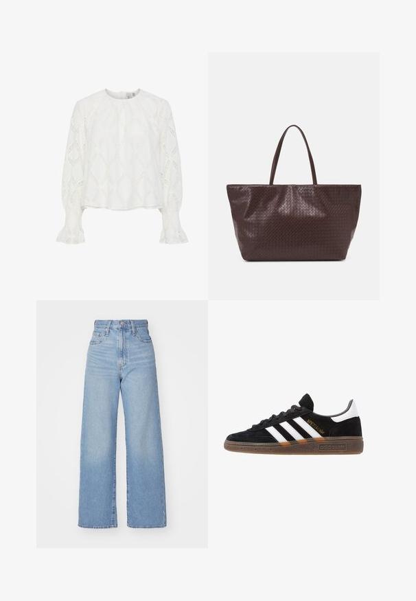 Blusa blanca con un patrón de diamantes texturizados y mangas abullonadas con puños fruncidos. Cuello redondo; tejido ligero y transpirable.; Jeans de tiro alto y pernera ancha en azul claro, con cierre frontal de botón y cremallera, y bolsillos delantero y trasero, sobre un fondo blanco.; Zapatilla negra de Adidas con franjas blancas, texto dorado "Spezial", suela de goma y talón blanco, mostrada en vista lateral.; Bolso tote de cuero trenzado marrón con dos asas, de forma estructurada y superficie texturizada, con un patrón de diamantes en todo su diseño.
