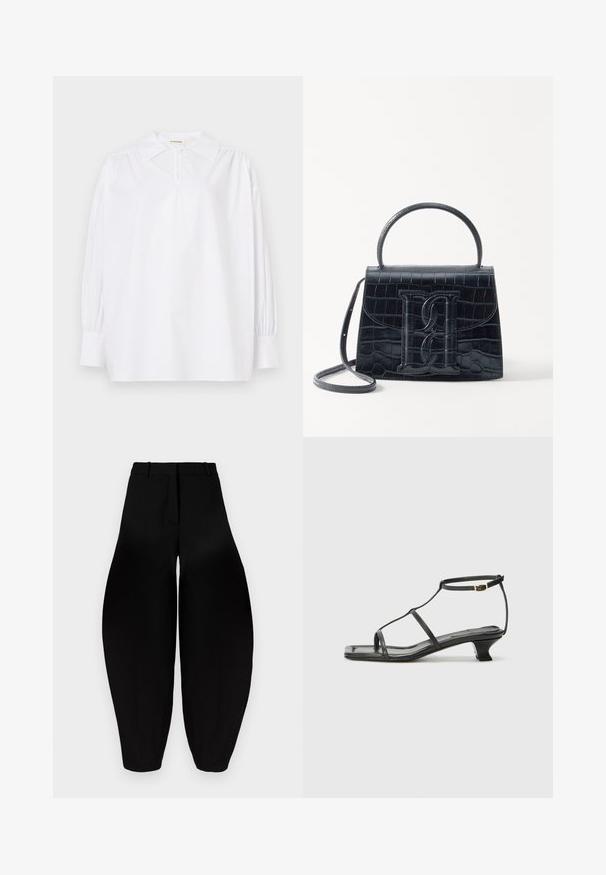 Camicia bianca a maniche lunghe con colletto a punta, spalle arricciate, polsini con bottoni e un piccolo bottone all'altezza del collo.; Pantaloni neri a gamba larga con vita alta, fronte plissettato e caviglie affusolate. Realizzati in tessuto liscio con finitura opaca.; Sandalo in pelle nera con punta quadrata, cinturini sottili, cinturino alla caviglia regolabile e tacco basso. Presenta un piccolo accento dorato sul cinturino.; Borsa in pelle nera con incisione a forma di coccodrillo, dal design strutturato, dotata di manico superiore, tracolla regolabile e un evidente dettaglio logo frontale.