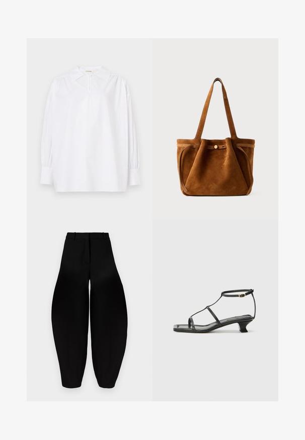 White long-sleeve blouse with a pointed collar, gathered shoulders, buttoned cuffs, and a small button at the neckline.; Black wide-leg trousers with a high waist, pleated front, and tapered ankles. Made from smooth fabric with a matte finish.; Black leather sandal with a square toe, thin straps, adjustable ankle strap, and a low heel. Features a small gold accent on the strap.; Brown suede tote bag with dual handles, a button closure strap, and a relaxed, slightly slouchy shape.