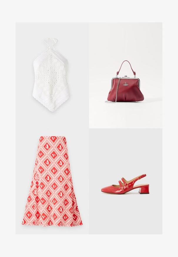 Top halter bianco realizzato in tessuto testurizzato, caratterizzato da pizzi intricati e motivi a ritagli geometrici, con una forma triangolare e bordo in pizzo.; Gonna a righe rosse e bianche con un design a diamante e piccoli motivi floreali, a forma svasata, realizzata in un tessuto morbido.; Scarpa slingback in pelle rossa lucida con punta affusolata, design a due cinturini con accenti circolari e tacco basso a blocco.; Borsa a mano in pelle rossa con tracolla in catena argentata, forma arrotondata, design plissettato e chiusura metallica nella parte superiore. Decorata con un dettaglio del logo.