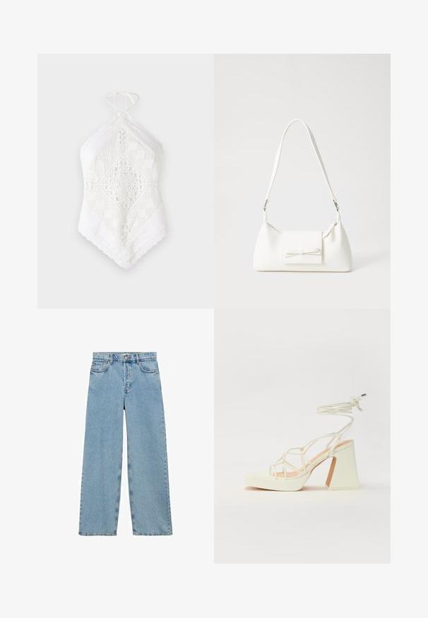 Bela halter bluza iz teksturirane tkanine, z intriciranimi čipkastimi in geometrijskimi izrezi, s trikotno obliko in čipkastim robom.; Mango Široke kavbojke - blue; Bela sandala na visokih petah s debelim petam, ki ima obliko trakcev in vezanje okoli gležnja. Gladka tekstura z platformo spredaj za dodatno višino.; Bela sintetična torbica v obliki trikotnika, z ravnim sprednjim poklopcem in detajlom mašne, nastavljivim trakom, gladko teksturo in minimalističnim dizajnom.