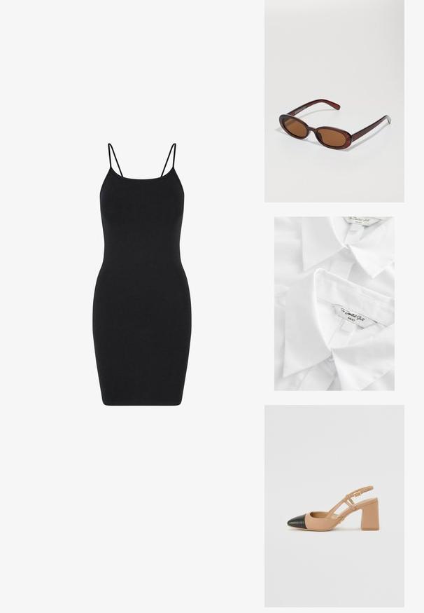 White button-up shirt with a pointed collar, made of smooth fabric. Labels display "The Essential Shirt" and "NEXT." Features neat stitching.; Black sleeveless dress with thin straps, form-fitting design, made of smooth fabric, knee-length with a simple, unembellished style.; Beige slingback shoe with a black cap toe, a square high heel, and two strap accents, made from smooth material.; Round, brown-tinted sunglasses with a glossy burgundy frame. Slim arms with subtle branding detail. Flat lens design.