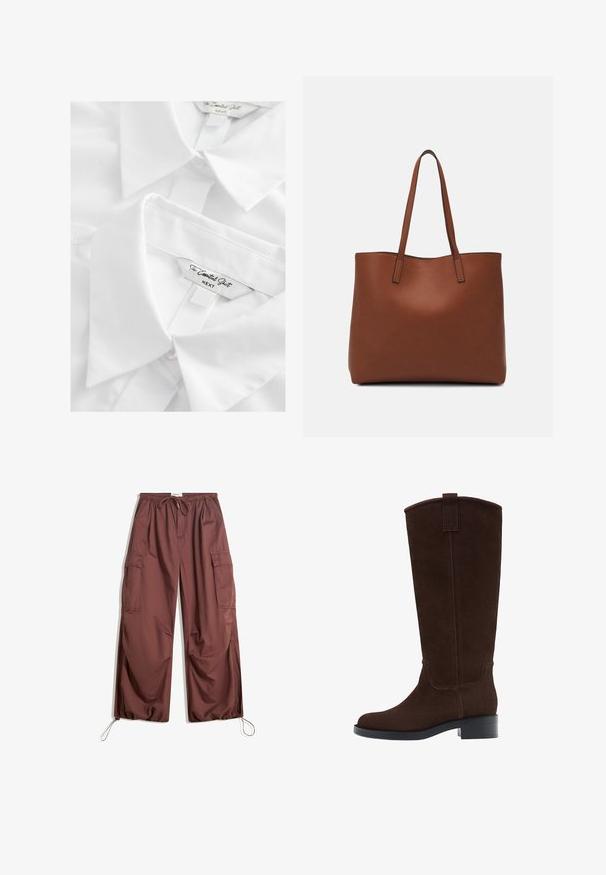 Biała koszula zapinana na guziki z wywiniętym kołnierzykiem, wykonana z gładkiego materiału. Metki informują o "Koszuli Esencjalnej" i "NEXT." Charakteryzuje się starannym szyciem.; Szerokie brązowe spodnie cargo z elastycznym paskiem w talii, sznureczkiem do regulacji, dużymi kieszeniami bocznymi oraz regulowanymi sznureczkami przy kostkach.; Brązowe zamszowe kozak z zaokrąglonym noskiem, subtelnymi przeszyciami i niskim słupkowym obcasem; mają pętelkę na górze, co ułatwia zakładanie.; Brązowa skórzana torba tote o gładkiej fakturze, z otwartym wierzchem i dwoma ramiączkami. Charakteryzuje się minimalnym przeszyciem i brakiem widocznych elementów metalowych.