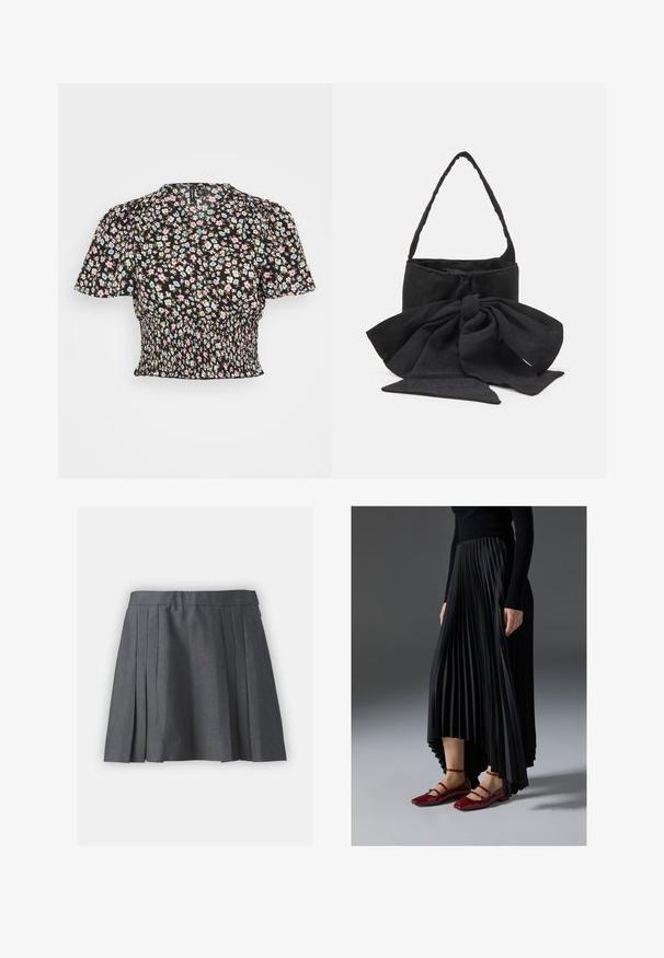 Fekete virágmintás blúz rövid puffos ujjakkal, kék, rózsaszín és fehér virágokkal, megkötött derékrésszel és finom textúrájú anyaggal.; Szürke, redős szoknya texturált anyagból, derékpánttal és rejtett cipzárral. Egyenletesen elhelyezett redők jellemzik, ami strukturált megjelenést kölcsönöz.; Fekete redős szoknya, magas- és alacsony szegéllyel, fényes piros lapos cipőkkel párosítva, amelyek pántos dizájnnal rendelkeznek. Az anyaga sima tapintású.; Fekete szövet kézitáska, amelyet megkötött masni díszít, kerek formájú, texturált felülete apró mintákkal, és egyetlen, vékony fogantyúval rendelkezik.
